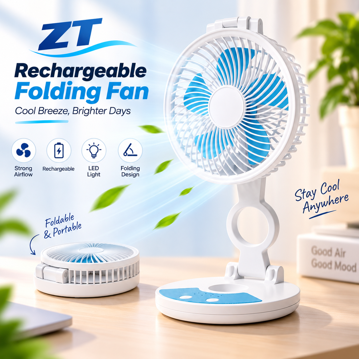 ZT rechargeable folding desktop fan with an integrated LED light